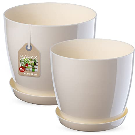 KADAX blomkruka, blomkruka set med underlägg, blomkruka av plast, rund blomkruka för inomhusbruk, ytterkruka för blommor och inomhusväxter, örtkruka (set med 2 – 23 + 28 cm, écru)