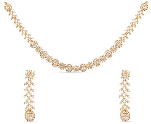TARINIKA Yellow Gold Uri Delicate CZ Short Necklace with Floral Design - Indian Jewelry Set for Women | Perfect for Casual Occasions | Traditional South Indian Necklace | 1 Year Warranty*