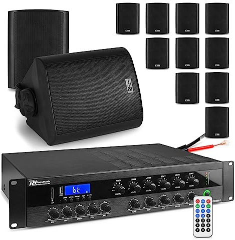 Power Dynamics 6-Zone Commercial Audio System - PDW360MP3 Bluetooth Mixer Amplifier, 12x BC40V Weatherproof Black Wall Speakers & 100m Speaker Cable for Multi Zone PA Systems