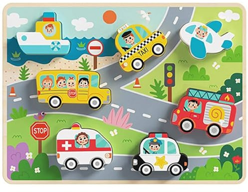 Tooky Toy Kinder Holz-Puzzle Fahrzeuge 3D TH634 Steckpuzzle, 8-teilig, ab 1 Jahr, Farbe:bunt