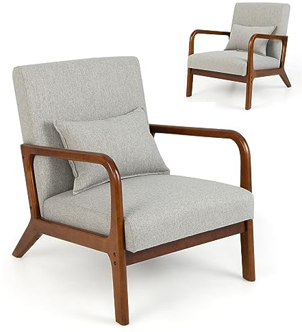 Multigot Modern Accent Armchair, Upholstered Single Sofa Chair with Anti-slip Foot Pads, Rubber Wood Padded Lounge Couch for Living Room Bedroom Office (Grey, With Lumbar Support)