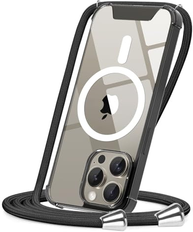 CAROKI Crossbody Lanyard Case for iPhone 15 Pro Max 6.7 inch, Magnetic Case Compatible with MagSafe Transparent Slim PC + TPU Clear Phone Case Cover with Lanyard Strap for iPhone 15 Pro Max-Black
