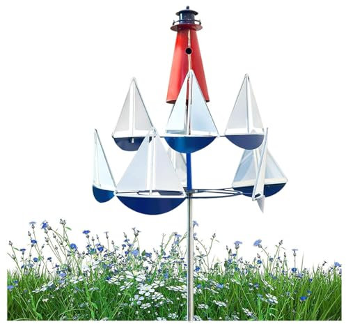 Roue des Vents Deco Jardin, Moulin à Vent (200/175/150/125/100 Cm RéGlable en Hauteur) éOlienne en Forme De Phare Et De Voilier DéCoration ExtéRieure Jardin