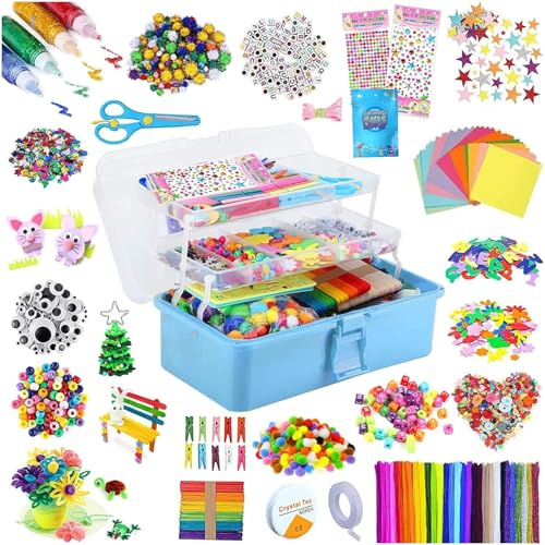 zycBernoi 2100+ Bastelset Kinder, Basteln Kinder Mädchen Jungen, Pfeifenreiniger Bunt Bastelkoffer Kinder, DIY Set für Kinder Zum Basteln und Dekorieren (Blau)