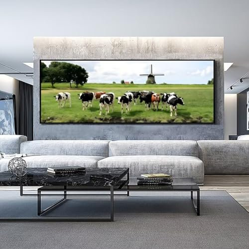 Diamond Painting Windmühle Kuh Diamond Painting Erwachsene, Groß xxl 180 X 60cm, Malen Nach Zahlen Erwachsene, DIY Diamant Painting Bilder Kinder, 5D Diamant-Malset, Home Wanddekoration Geschenke-150l