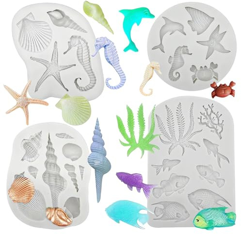 4pcs 3D Ozean Tier Silikon Fondant Formen - DIY Silikonform für Fisch, Backen, Schokolade, Marzipan, Kuchen, Gelee, Muffin, Süßigkeiten