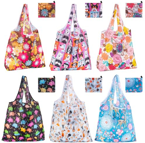 Dyserbuy 6pcs Large Reusable Shopping Bags, Foldable Shopping Bag, Washable Grocery Bags Folding in Pouch, Waterproof Tote Shopping Bag, for Daily Shopping Groceries, Travel, Outdoors Storage