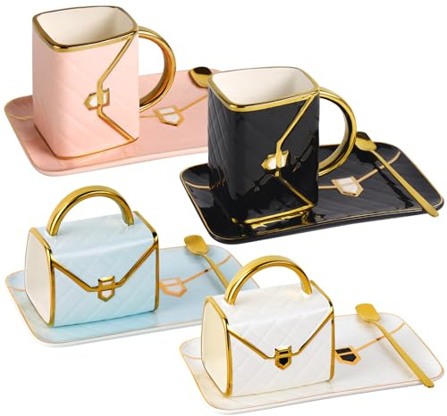 Fovima Handbag Coffee Mug Set of 4, Handbag Coffee Mug, Purse Coffee Ceramic Mug Set 10 Oz/ 310 ml Cute Creative Design Travel Tea Cup for Women Men Father's Day Thanksgiving Christmas Gifts
