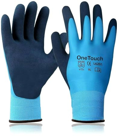 A406 Gloves 6 Pairs Blue Waterproof Fully Latex Coated Nylon Safety Work Heavy Duty Grip Winter Builder Gloves (Large/9)