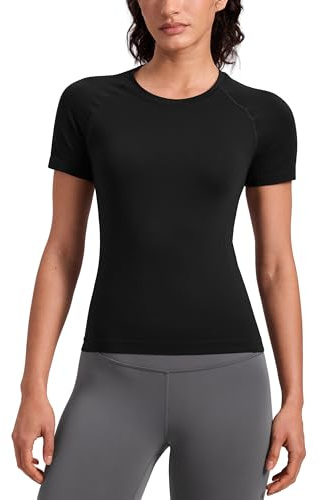 CRZ YOGA Seamless Short Sleeve Shirts for Women Breathable Running Workout Tops Athletic Gym Yoga Basic T-Shirts Black Medium