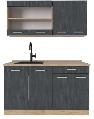 Vicco Cucina monoblocco R-Line, Calcestruzzo nero/quercia dorata, 140 cm PL Marmo, adatto per installazione autoportante o vicino alla parete