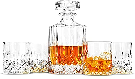 Aioneer Glaskaraffe, Whisky-Karaffe, Set, Premium-Kristallkaraffe 750 ml mit 4 × 300 ml Gläsern, Rock Barware