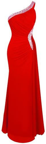 Angel-fashions Damen Abendkleid einschultrig Rüschen Perlenband weich Rot 38