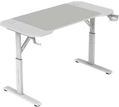 Mars Gaming MGD-ERGO120, Höhenverstellbarer Gaming-Tisch 3 Positionen, Ergonomische Oberfläche, Metallstruktur, XXL-Mauspad, Headset- und Getränkehalter, Kabelmanagement, Gaming Desk 120x60cm, Weiß
