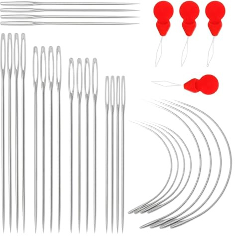 28 agujas de coser a mano para tapicería con 8 agujas de coser curvas, 20 agujas de cuero para coser a mano, 4 enhebradores, agujas de cuero con ojal grande para coser alfombras y lona a mano
