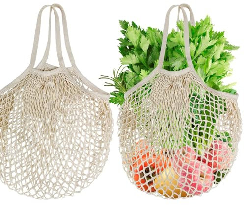 GmwyCzV 2 Stück Baumwolle Einkaufsnetz Bags, Netz-Einkaufstaschen, Wiederverwendbar Tragbar Netze Tasche, Umhängetasche aus Baumwolle Mit Langem Griff, für Einkaufen, Strand, Obst, Gemüse