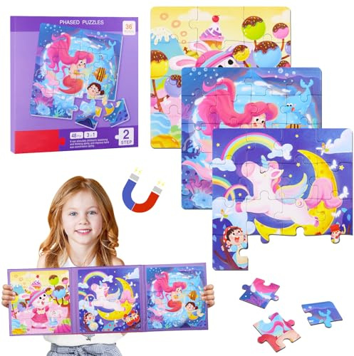 Puzzle magnétique pour enfants Seasboes, 12-16-20 pièces, aimants, livres de puzzle pour enfants, 3 en 1, puzzle magnétique licorne sirène, pour garçons et filles à partir de 3 ans