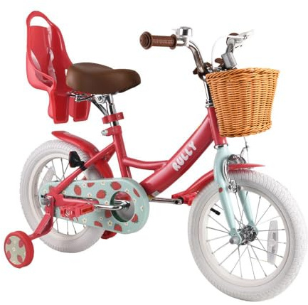 RULLY Strawberry barncykel 35 cm för flickor från 3–5 år, med stödhjul, flickcykel med korg och docksits, rosa