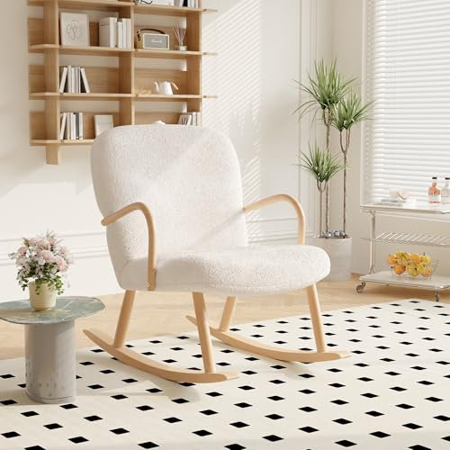 RXMORI Skandinavischer Schaukelstuhl, Relaxsessel, bequemer Sessel mit Beinen aus Massivholz, für Wohnzimmer, Schlafzimmer, Balkon, Tragfähigkeit bis 120 kg, Lammwolle, Beige