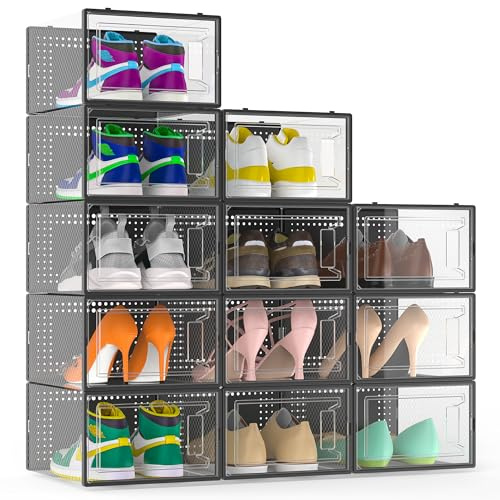 12 Pack Large Shoe Organizer Storage Boxes for Closet, Modular Space Saving Shoe Boxes Clear Plastic Stackable Sneaker Containers Display Case with Lids, Black05