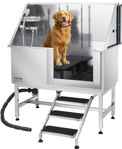 VEVOR Stainless Steel Dog Washing Station, 127 cm Pet Grooming Tub w/Stairs, PE Water Filter Board, Faucet & Showerhead & Soap Holder Dog Bathtub for Large & Medium & Small Pets (Right Door)