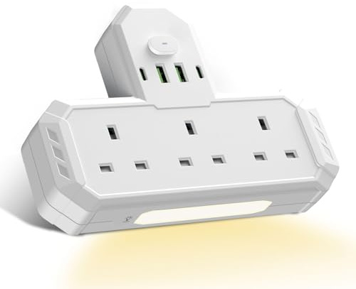 Multi Plug Adapter with USB C, 3 Way Plug Adaptor With Nightlight, Plug Adapter UK Built-in with Switches,with 2USB & 2USB-C Ports, Wall Plug UK Extender For Home Office White
