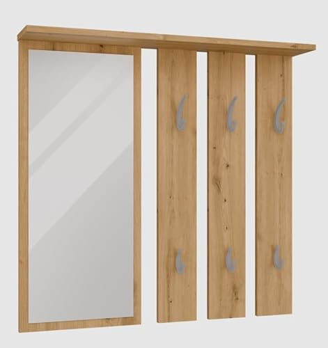 BDW - Wandgarderobe - Garderobe Wand - Wandpaneel mit Spiegel und Ablage - Flurgarderobe Hängend Modern mit Haken - Wandhaken, Kleiderhaken - Eiche Artisan Opal - 15x85x82cm
