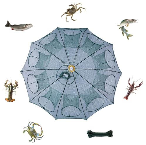 VNLCPX Krebsreuse Flusskrebse, Nylon Krebsfalle mit Zugschnur, 10 Löcher Fischreuse Faltbar, Reusen für Fischfang Elritzen Crawdad Shrimp Net Cast, 95 cm