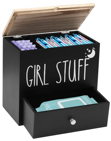Binden Aufbewahrung Badezimmer, 2 Fächer Tamponhalter mit Deckel und Schublade, Aufbewahrungsbox Hygieneartikel aus Holz, Wattepads Behälter Badezimmer Organizer Tampon Aufbewahrung Bad (Schwarz)