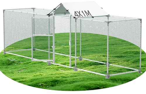 Suusolny Hühnerhaus Verzinktes Stahlrohr Freilaufgehege Mit PE Dach&Bodennägeln Hühnerstall,PVC-beschichtetem Drahtgitter Voliere Hühner für Hühnerkäfig Vogelkäfig Haustierkäfig- 4x1m(LxB)