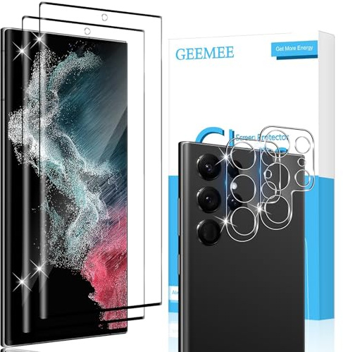 GEEMEE 2+2 Piezas para Samsung Galaxy S22 Ultra Protector de Pantalla y Protector de Lente de Cámara, 9H Dureza HD Cristal Templado Anti-Arañazos Vidrio Templado Protectora