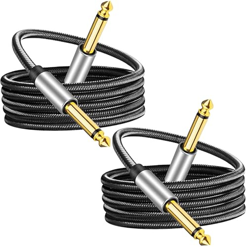 2 Pack Guitar Cables 2M, Guitar Lead, 6.35mm to 6.35mm 1/4Inch Instrument Cable, Braided Lead Jack Guitar Amp Cable, for Electric Guitars Bass Electric Mandolin Keyboard Audio Speaker Amplifier Black
