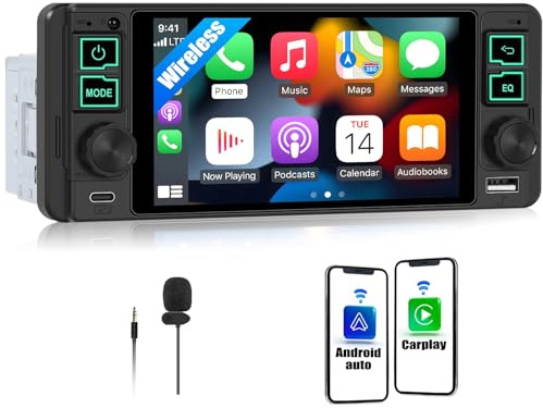 CAMECHO Single Din Car Stereo with 5 Inch InCell Touchscreen Car Radio with Wireless CarPlay Android Auto, 1 Din Head Unit with Bluetooth 5.2 EQ FM Mirror Link Type-C/USB + MIC