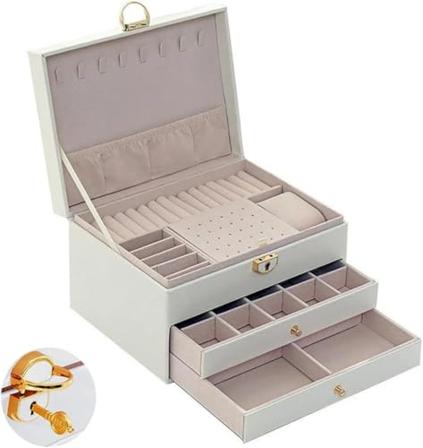 SVUPUE Schmuckaufbewahrung 3 Ebenen, Stapelbar Schmuckaufbewahrung,Aufbewahrungskasten Mit Schloss, mit Schlüssel und Fächern,2 Schubladen, für Ringe Ohrringe Halsketten Armbänder (Perlweiß)