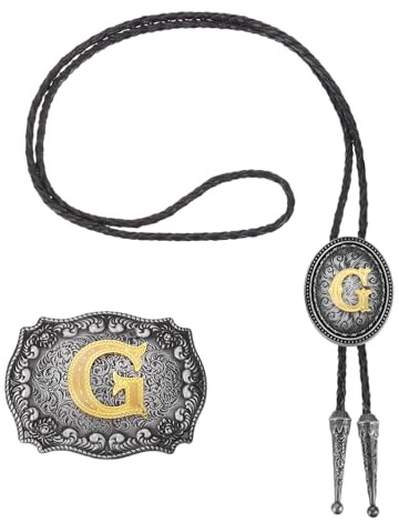 QUARKZMAN 2 Pz Set Cravatta Bolo E Fibbia Da Cintura Stile Western Cowboy Lettera Iniziale G Dorata Cinturino In Pelle Per Donne Uomini Costume Accessori Vintage Tradizionali Grigio Nero/Oro