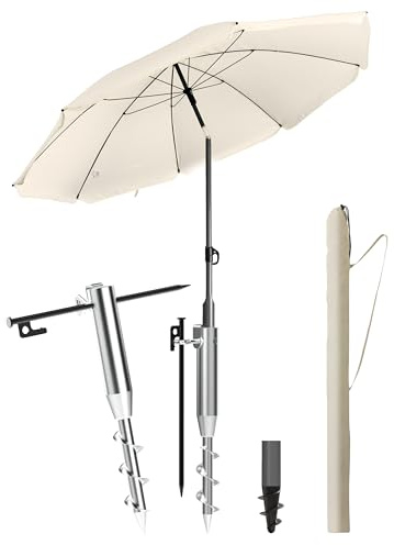 Menz Sonnenschirm Strand Ø 180 cm mit Einschraubhülse 3-in-1 SET, Beige | Strandschirm Windfest Stabil mit Einschraubhülse Bodenhülse & Schirmhülle, UV80 Sonnenschutz Strand