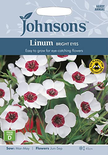 Johnsons 27307-UK/JO/FL-LINUM Flower Seeds, Linum Bright Eyes, White & Red, 0.5x92x132 cm