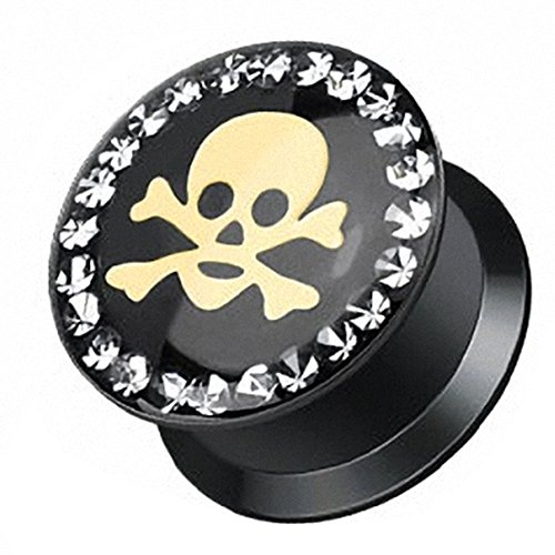 Piersando Ohr Plug Piercing Kunststoff Motiv Comic Picture Flesh Tunnel Ohrplug mit Schraub Totenkopf Pirat mit Kristall Schwarz 6mm