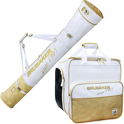 BRUBAKER Kombi Set St. Moritz - Skisack und Skischuhtasche für 1 Paar Ski + Stöcke + Schuhe + Helm - Weiß Gold - 170 cm
