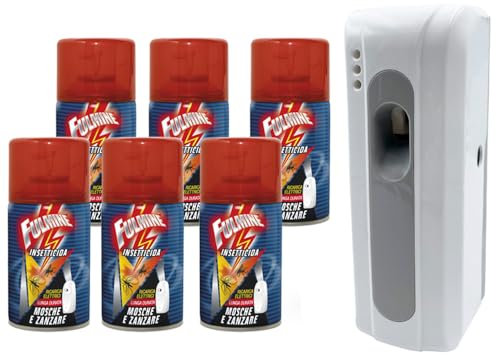 Virsus 6 Bombolette Fulmine Insetticida per Mosche, Zanzare 250ML CON 1 Erogatore Automatico night and day