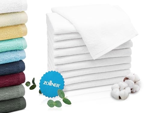 ZOLLNER Set de 10 Serviettes pour invités en 30x50 cm - Serviettes pour invités très absorbantes et Douces en Blanc - avec accroche Pratique - lavables jusqu'à 95°C - Coton - qualité hôtelière