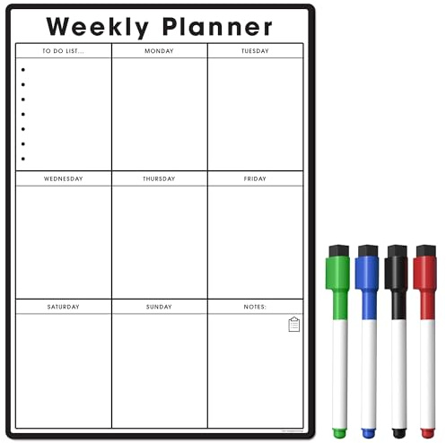 TMS Magnetic Weekly Planner and Organiser A4 | Custom Whiteboard for Managing Tasks, to Do List, Shopping and Meal Planning | Comes with 4 Free Magnetic Dry Wipe Pen (Standard Black, A4)