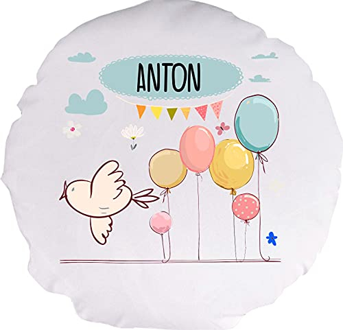 Kleckerliese Baby Kinder Kissen Kissenhülle Tiere Motiven, Vögelchen mit Wunschname Balon Wolken, 40 cm Farbe Weiß mit Füllung