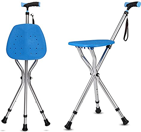 HYHMJ-Ancianas Silla De Bastón con Luces LED Y Correa De Muñeca Unisexo Combo De Asiento De Bastón Telescópico Aleación De Aluminio Varilla De Soporte Multiusos Senderismo Palo,Azul