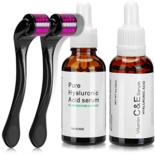 Rinvvenn 4-in-1 Microneedle Derma Roller Kit + Hyaluronsäure Serum + Vitamin C Serum 540 Titan Microneedle (0,5 mm+1,5 mm), verjüngt Gesichtshaut Hals und Körper