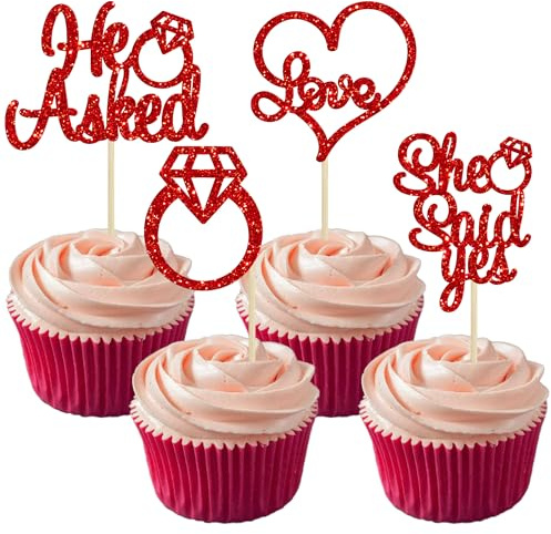 Gyufise 24 Pieces Red Glitter Engagement Cupcake Toppers He Asked She Said Yes Diamond Ring Heart Cupcake Picks for Wedding Bridal Shower Party Cake Decorations