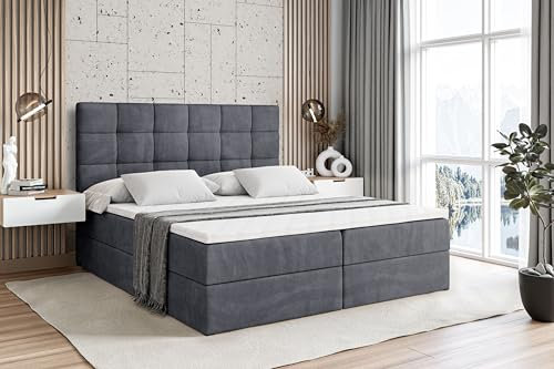 ALTDECOR Boxspringbett mit Matratze und Lattenrost, Boxbett, Topper, Polsterbett mit Bettkasten, Bett mit Stauraum H3-Matratze, Doppelbett, Springboxbett - BRUGO - 140x200 - Dunkelgrau Samt