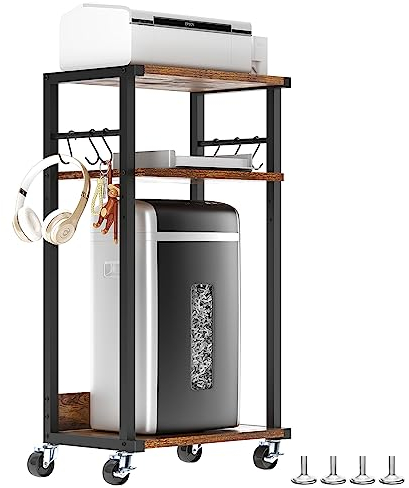 YMYNY Mobiler Druckertisch, Druckerwagen, 3 Ablagen, Höhenverstellbar Druckerständer mit Rollen, 6 Haken, für Büro, Fax, Kopierer, Scanner, Zerkleinerer 44×30×82CM Rustikales Braun HPT002H
