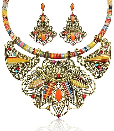 YAZILIND Parure de bijoux pour femme avec collier et boucles d'oreilles style bohème tribal fait à la main avec breloques géométriques, Pas de gemme