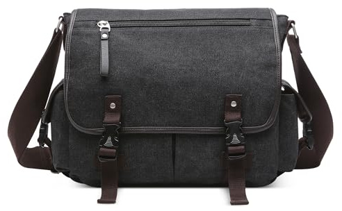 DEEVORCA Mode Retro Sacs à Bandoulière Homme Grande Sac D'épaule pour 17.3 Pouces Laptop Multiples Poches Sacoche Sac pour Travail Voyage Sport Toile Homme Sac de Messager Noir